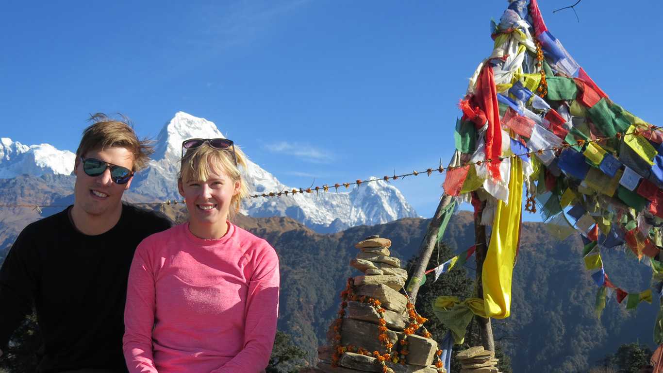 Hikers in Mardi Himal along with Fishtail View background